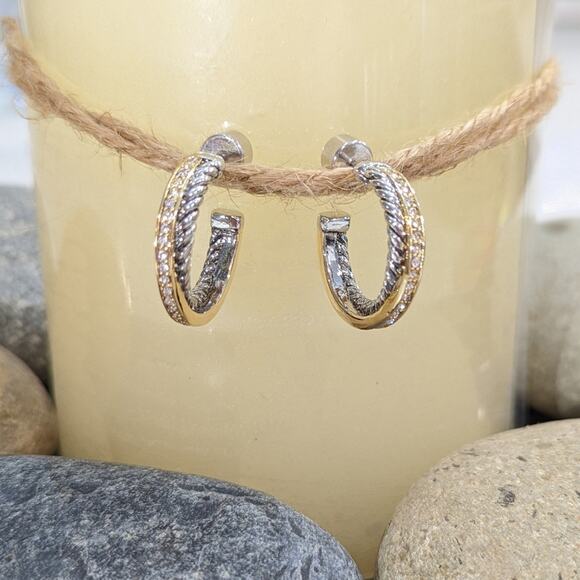 GOLD SILVER Two Tone Sparkle Twisted Rope Hoop Earrings - Picture 7 of 16